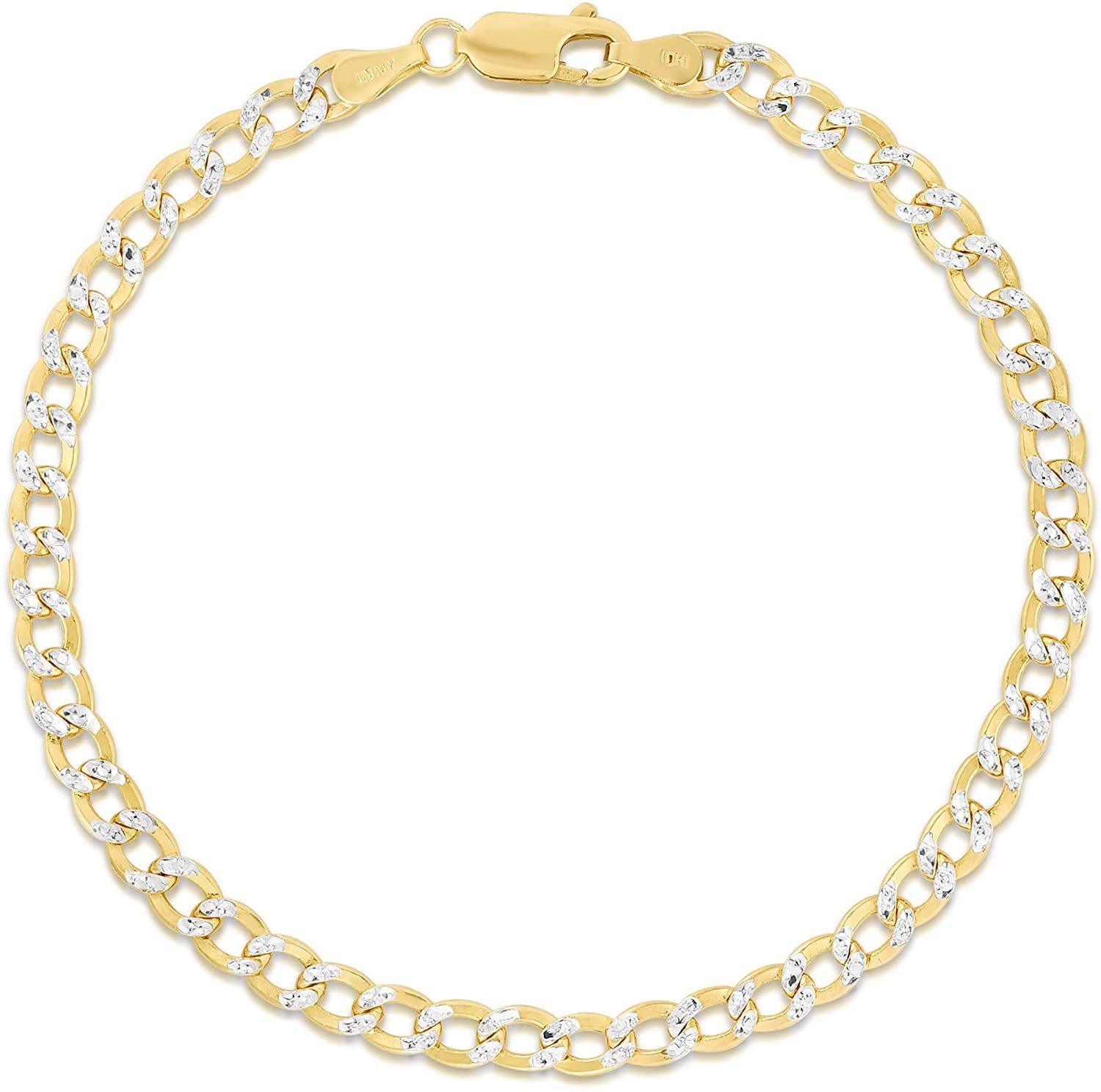 10k Yellow Gold 4.5mm Two Tone Lightweight White Pave Curb Bracelet and Anklet