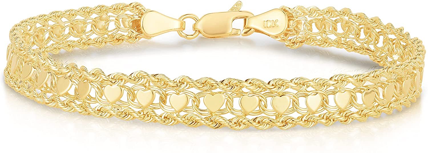Floreo 10k Yellow Gold Mirror Heart Charm Double Link and Rope Bracelet