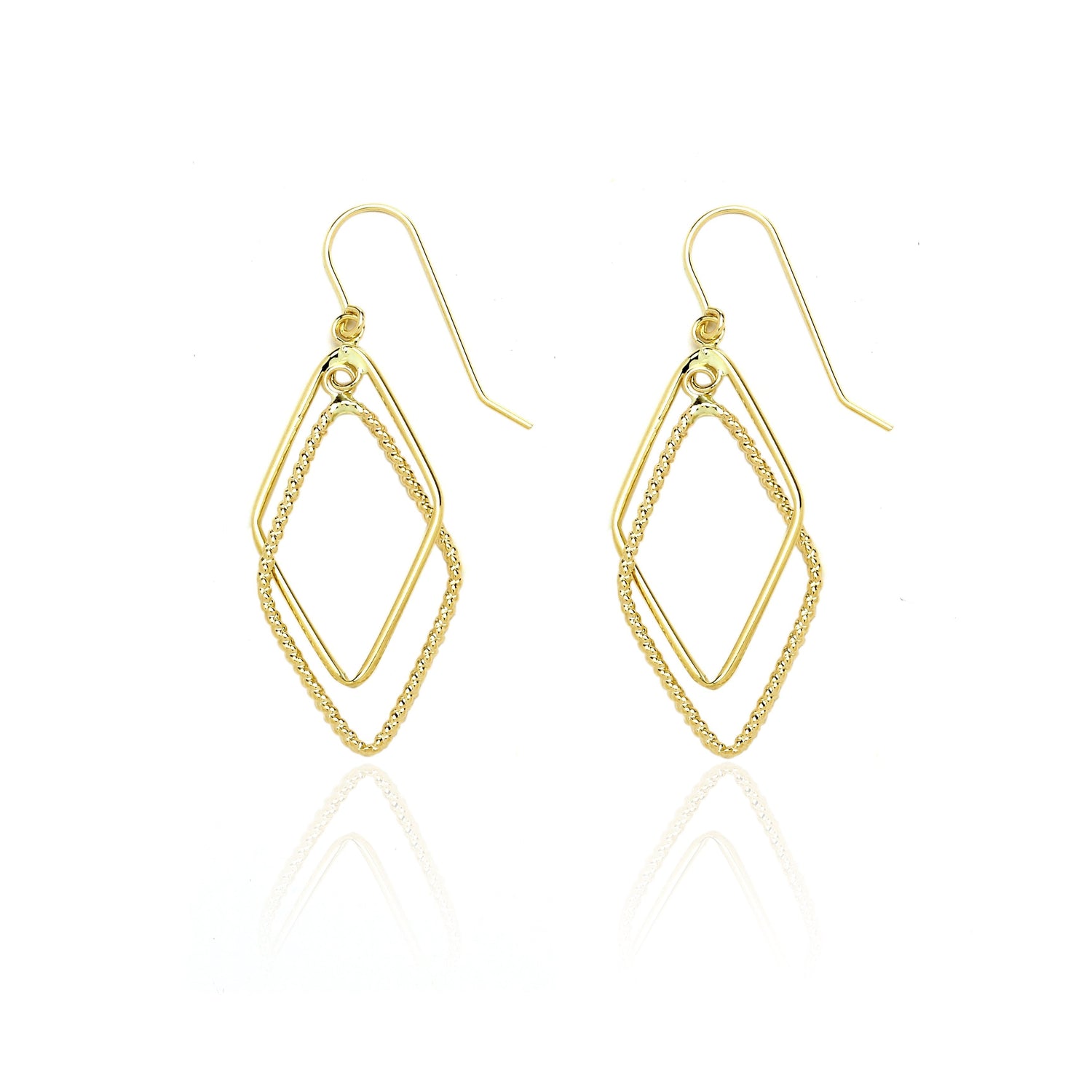 14k Yellow Gold Designed Lozenge Diamond Shaped Drop Dangle Earring in Gift Box