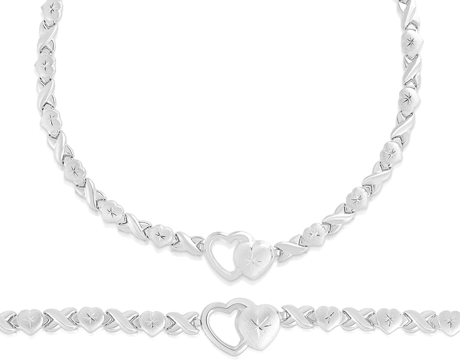 Floreo 925 Sterling Silver Stampato XOXO Hugs and Kisses with Open Heart Pendant Bracelet and Necklace Set