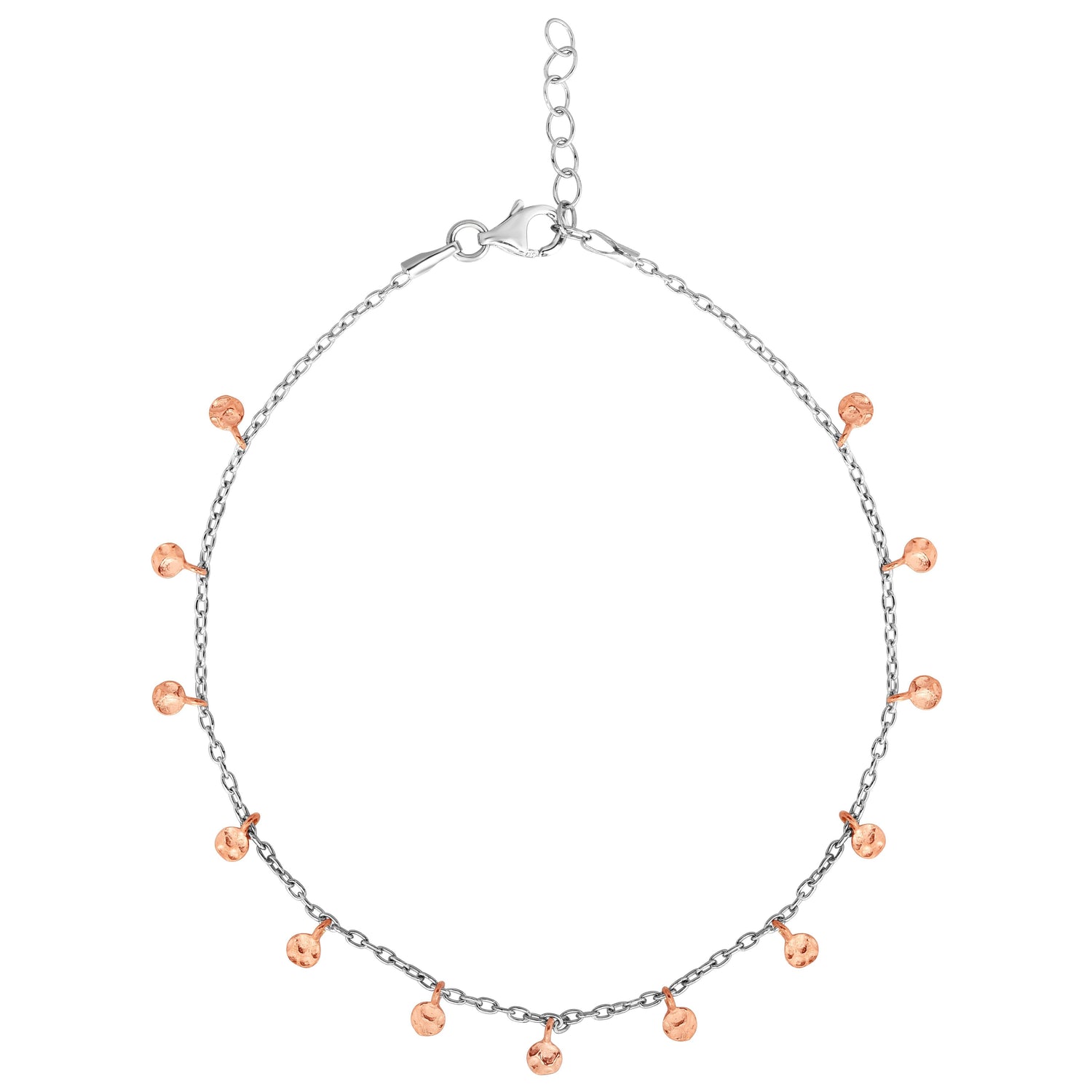 Sterling Silver Rhodium Plated Expandable Anklet with Pink Hanging Beads, 9