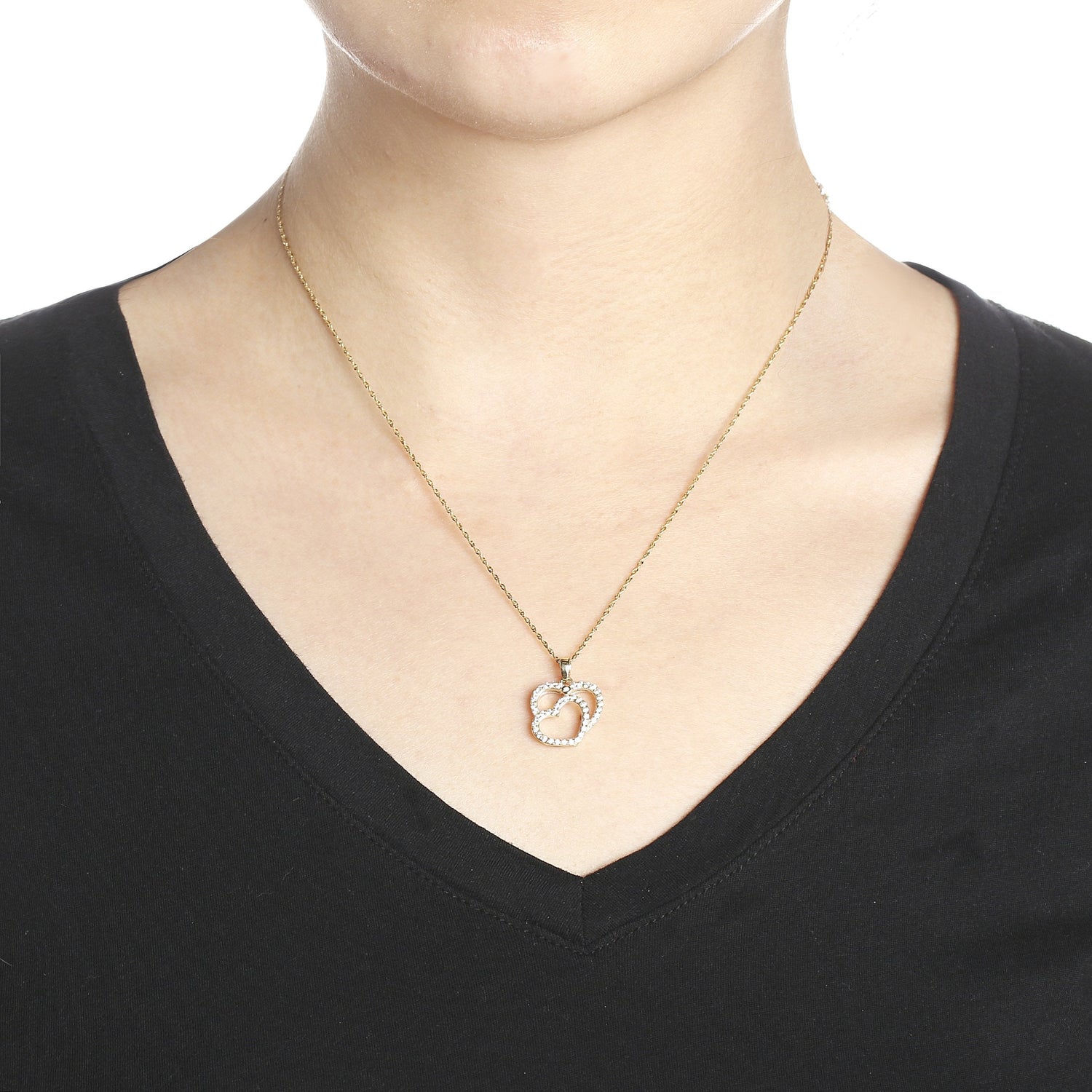 10k Yellow Gold Double Heart Shaped Cubic Zirconia Pendant Necklace