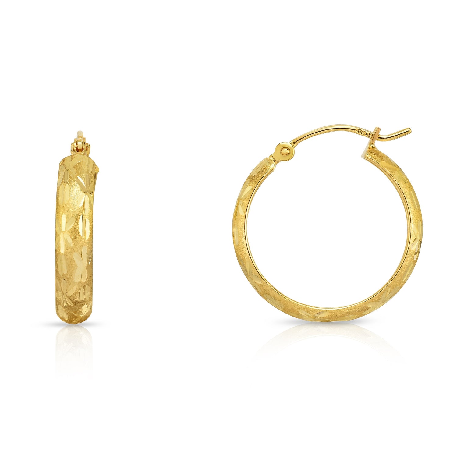 14k Yellow Gold Diamond Cut Huggies Hoop Earrings Flower Design (4mm)