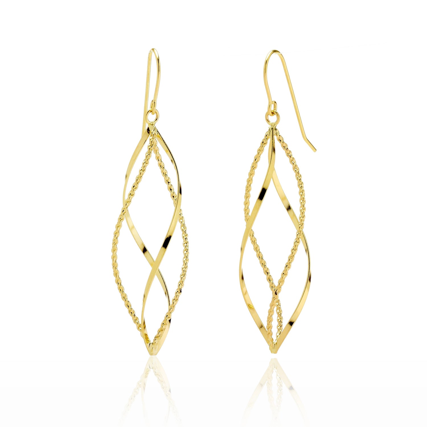 14k Yellow Gold High Polished and Diamond Cut Twisted Pointing Oval Drop Earring