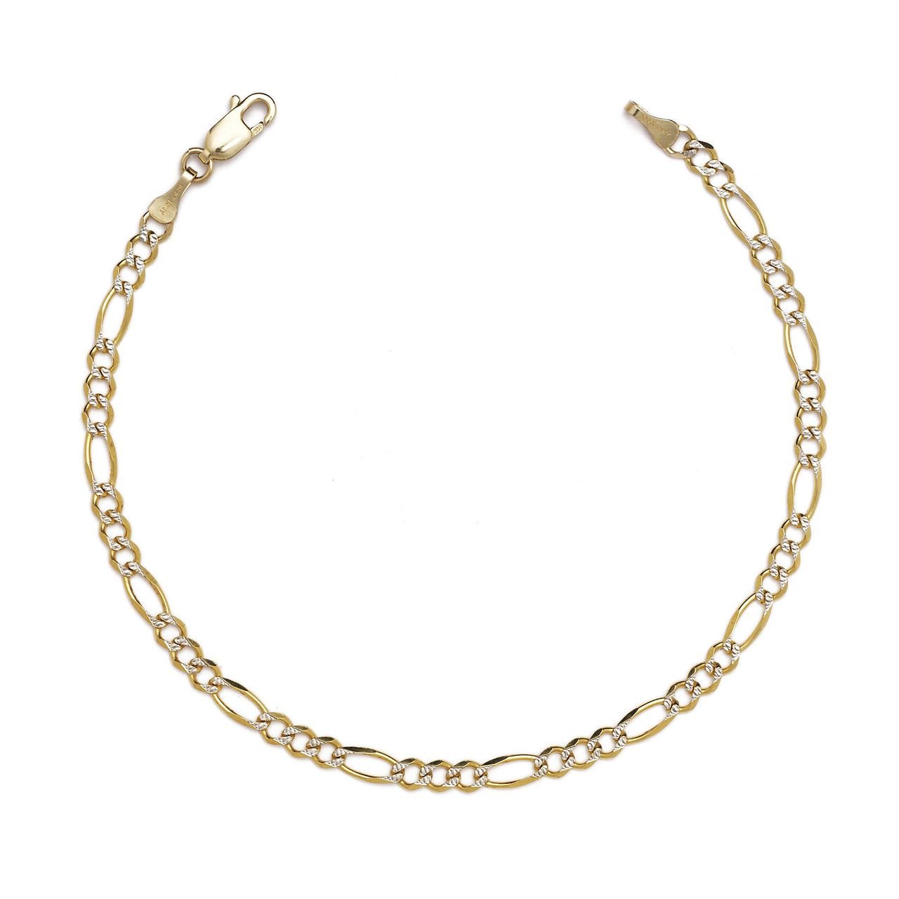 10k Two-Tone Gold Figaro Chian Bracelet and Anklet, White Pave, 0.16 Inch (4mm)