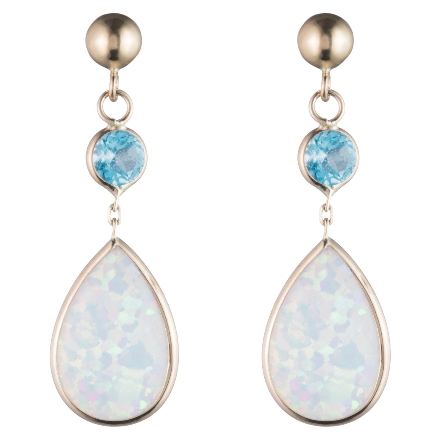 14K Yellow Gold Created Opal Dangle Earring with Color Stone, Push back closure