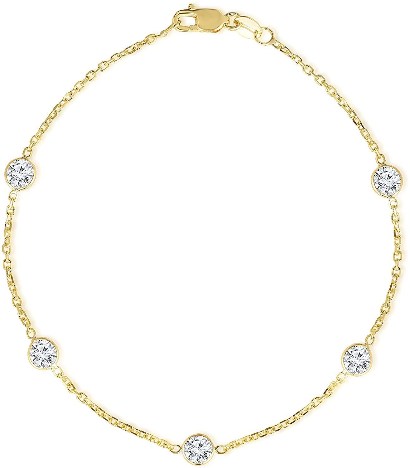 14k Yellow Gold Cubic Zirconia Cable Bracelet and Anklet, 1.4mm, Round 4mm CZ