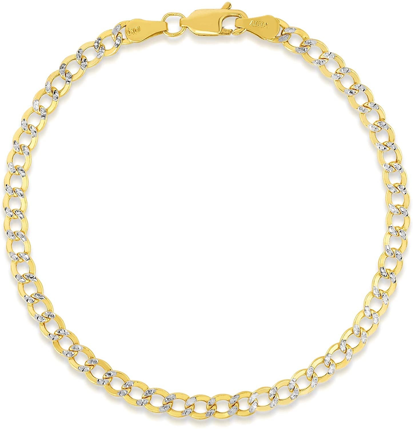 Floreo 10k Yellow Gold 3.5mm Two Tone Lightweight White Pave Curb Bracelet and Anklet