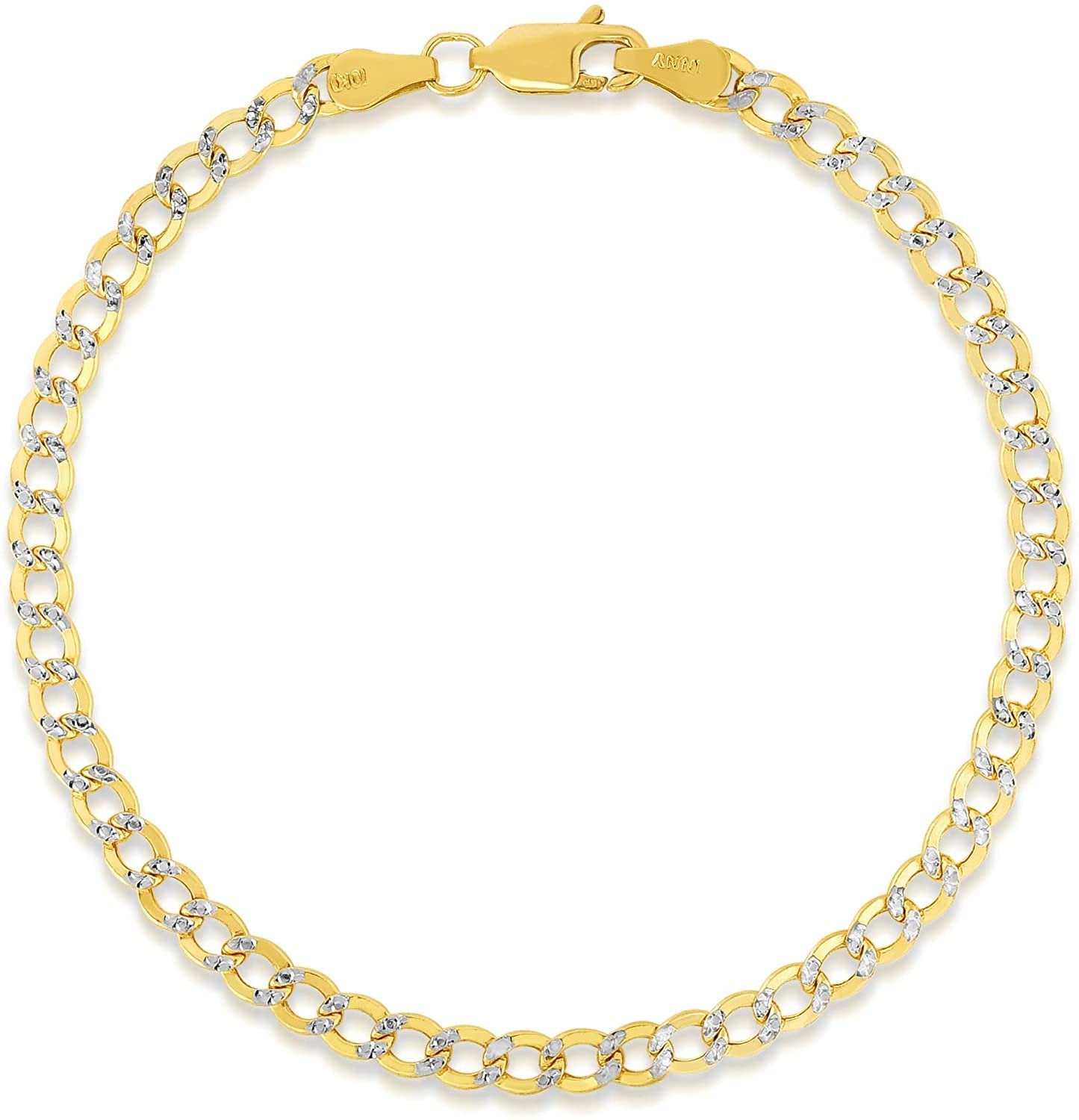 10k Yellow Gold 3.5mm Two Tone Lightweight White Pave Curb Bracelet and Anklet