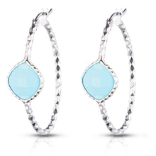 Load image into Gallery viewer, Sterling Silver Checkerboard Diamond Cut Oval hoop earrings With Colored Stone
