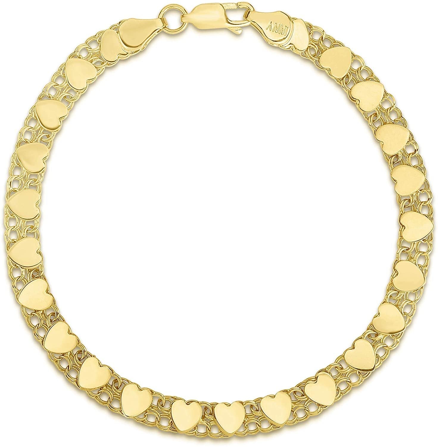 10k Yellow Gold Double Link with Mirror Heart Charm Bracelet