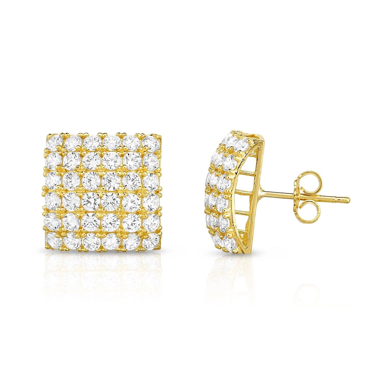10k Yellow Gold Fancy Square Micropave CZ Accented Stud Earrings