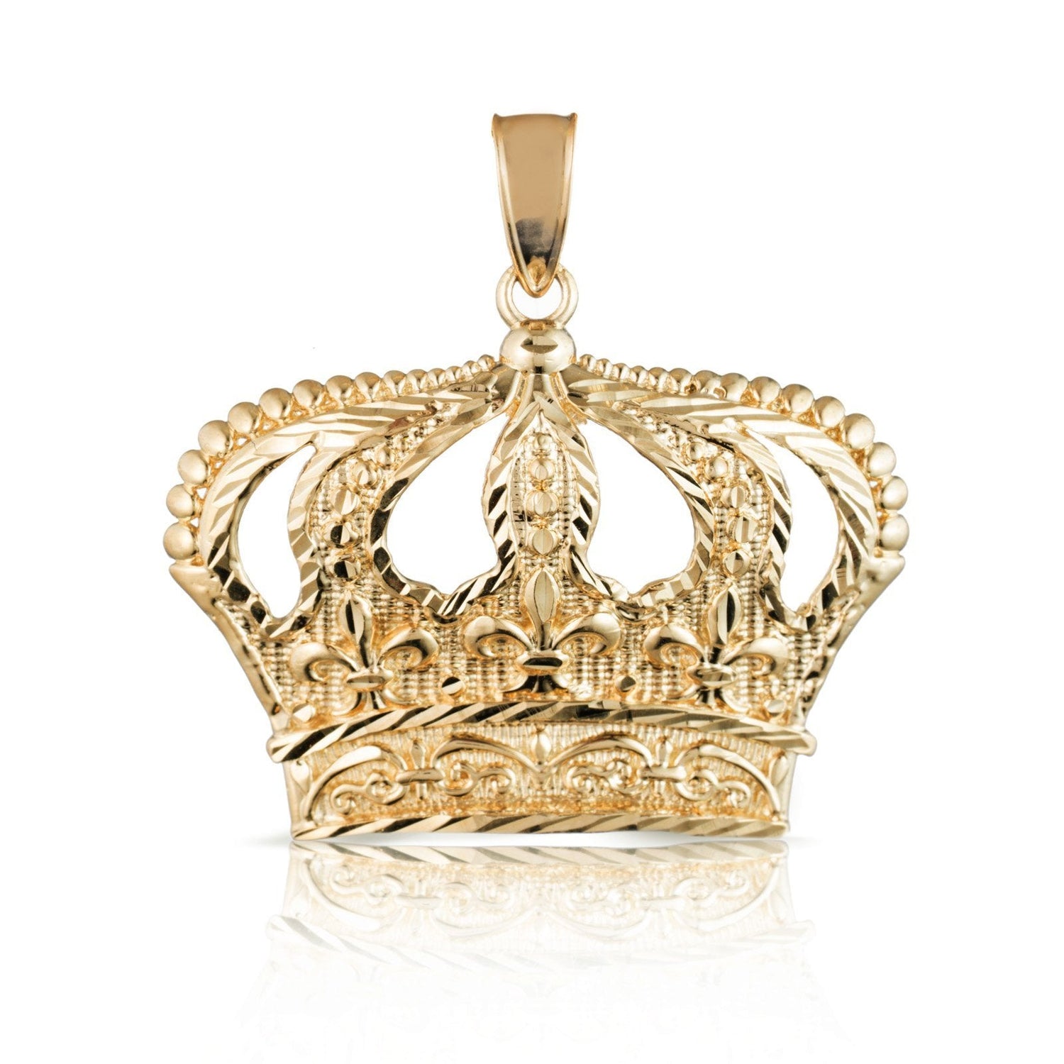 Open Big Crown Charm Pendant with Diamond Cut Design - 10k Yellow Gold