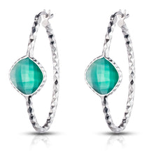 Load image into Gallery viewer, Sterling Silver Checkerboard Diamond Cut Oval hoop earrings With Colored Stone
