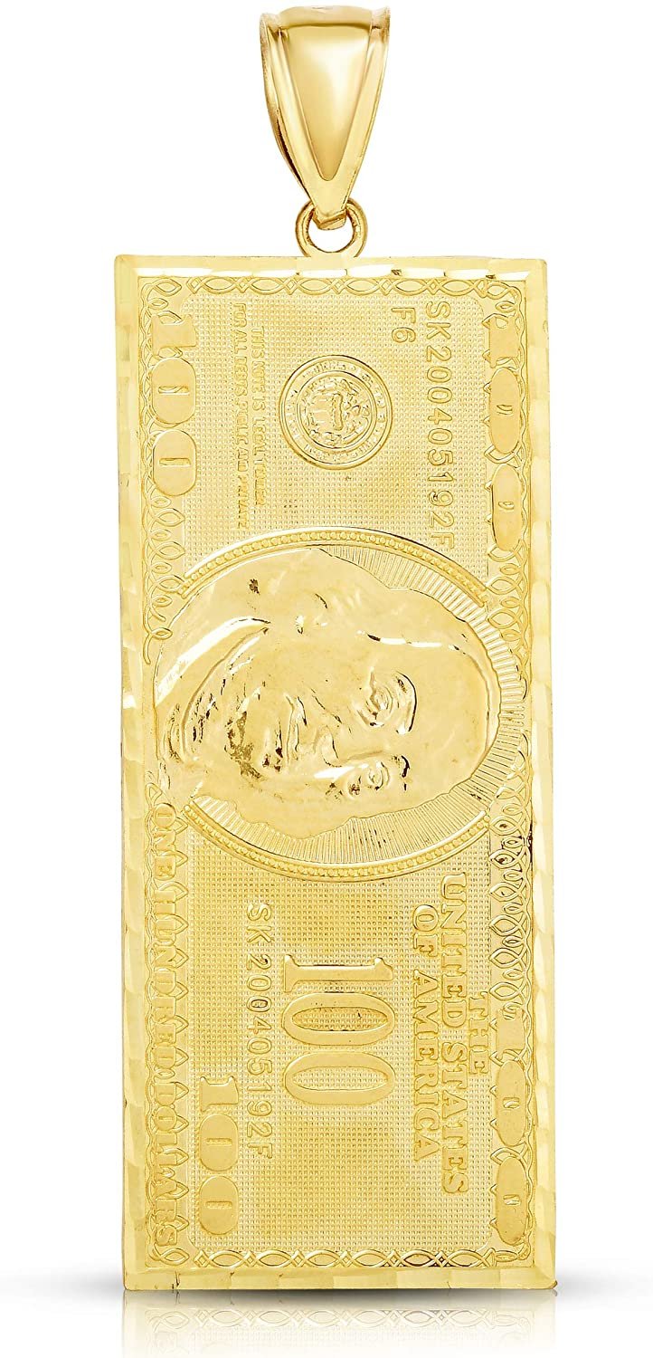 10k Yellow Gold Hundred Dollar Bill Pendant, 4 Sizes