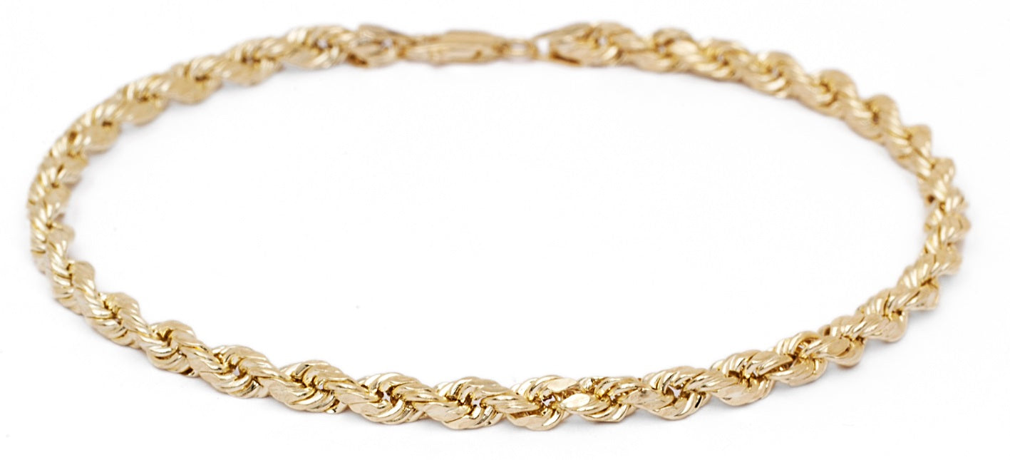Solid Diamond Cut Rope Chain Bracelet and Anklet, 10k Fine Gold, 2.5mm (0.1